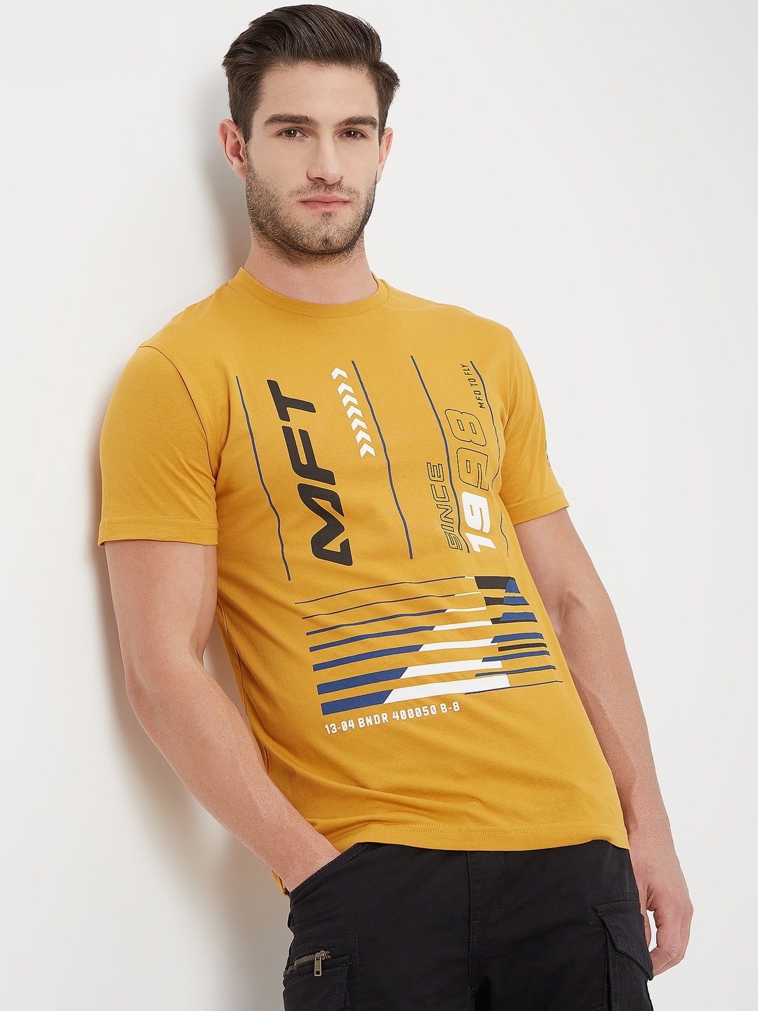 

Mufti Men Typography Printed Slim Fit Pure Cotton T-shirt, Mustard