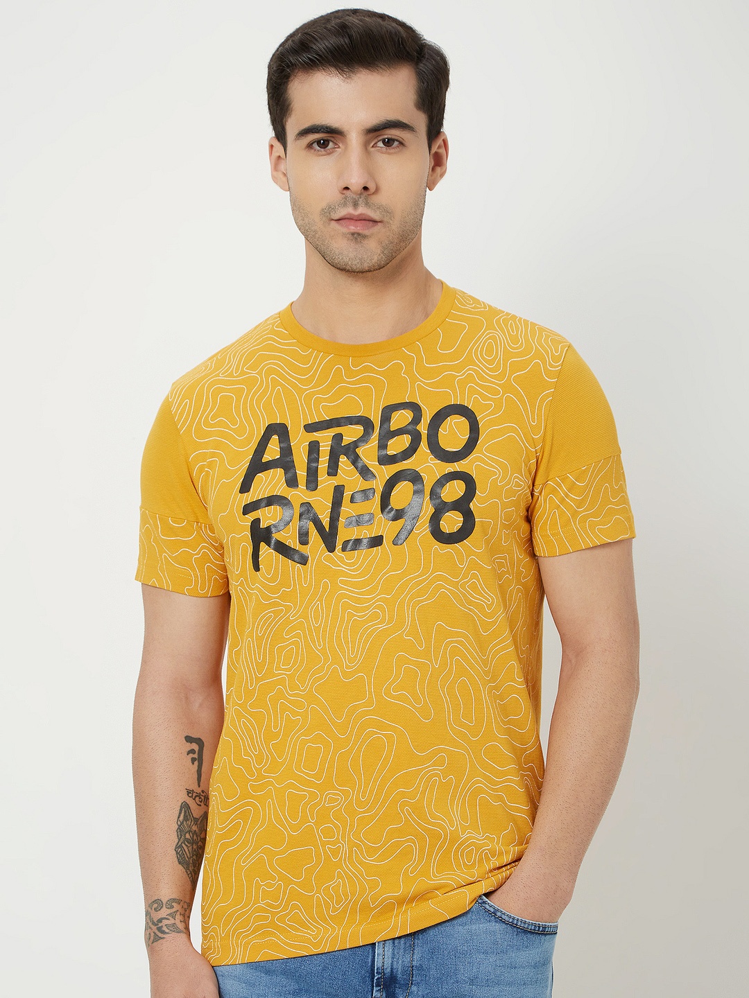 

Mufti Plus Size Typography Printed Pure Cotton T-shirt, Mustard