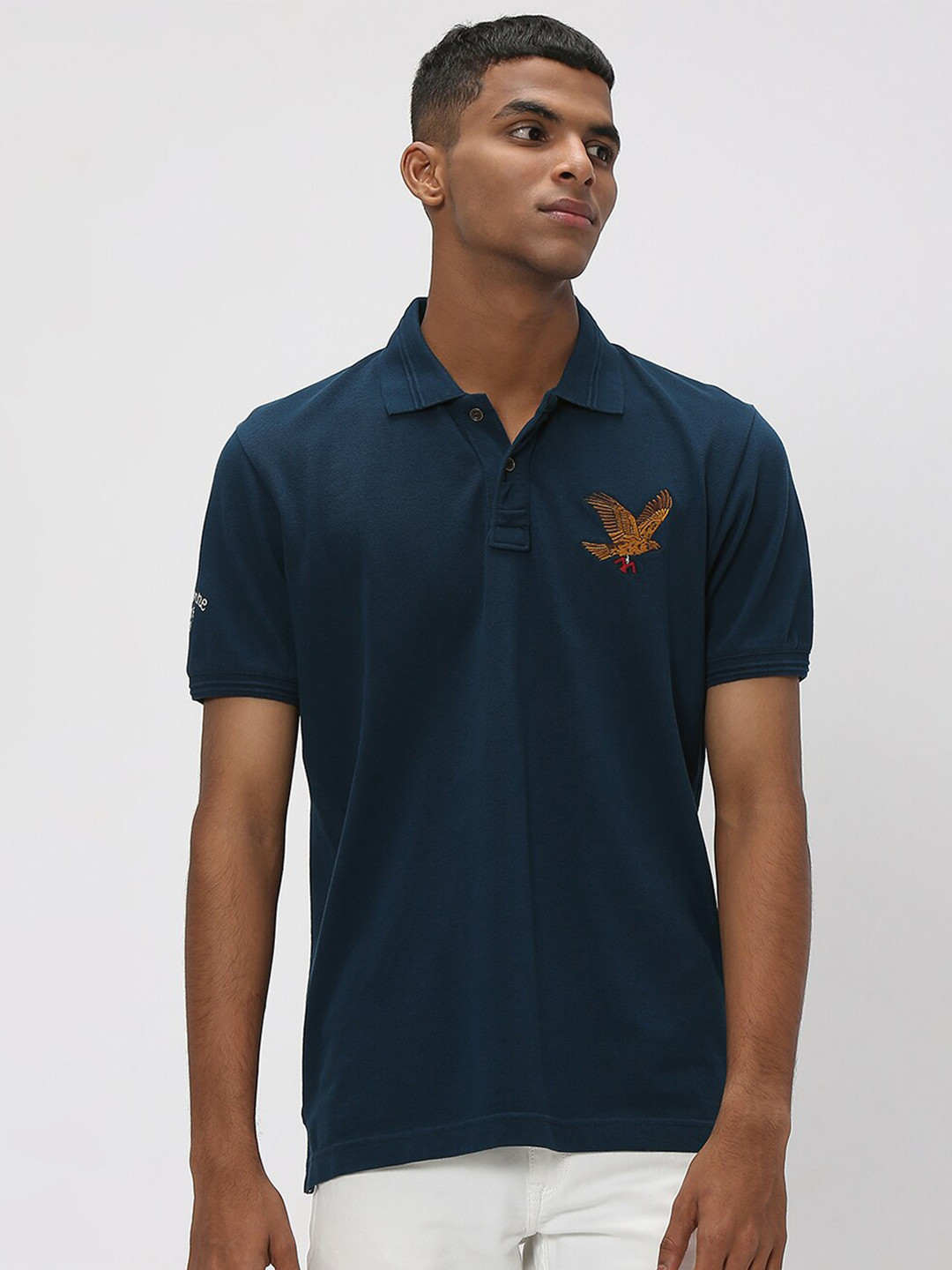 

Mufti Men Embroidered Polo Collar Slim Fit Cotton T-shirt, Navy blue