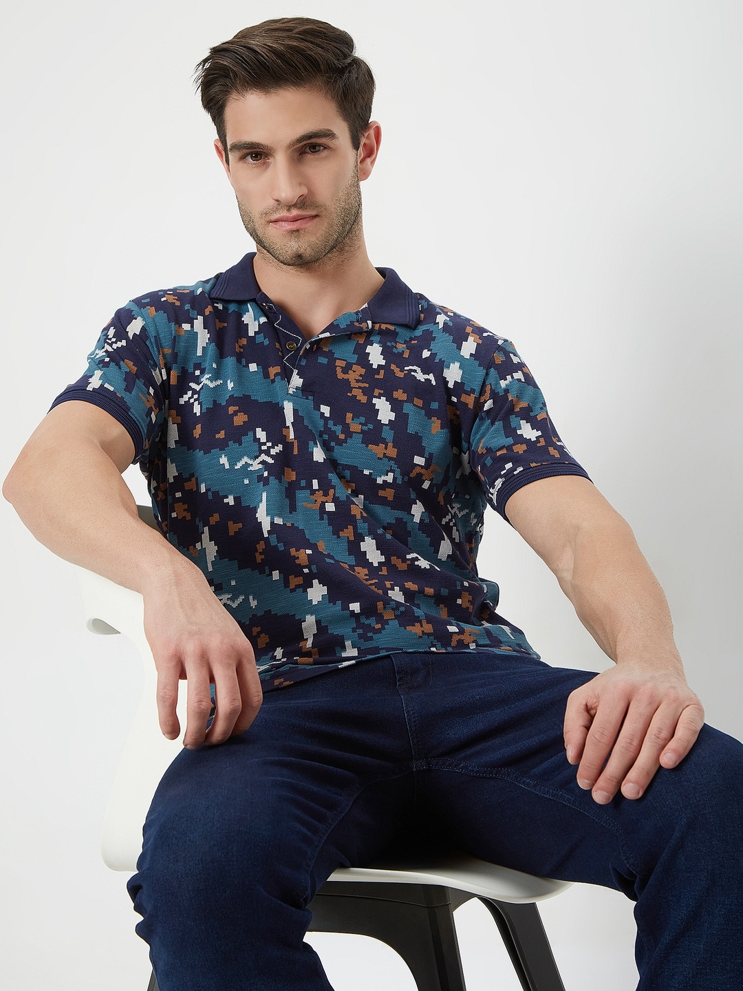 

Mufti Plus Size Abstract Printed Polo Collar Pure Cotton T-shirt, Navy blue