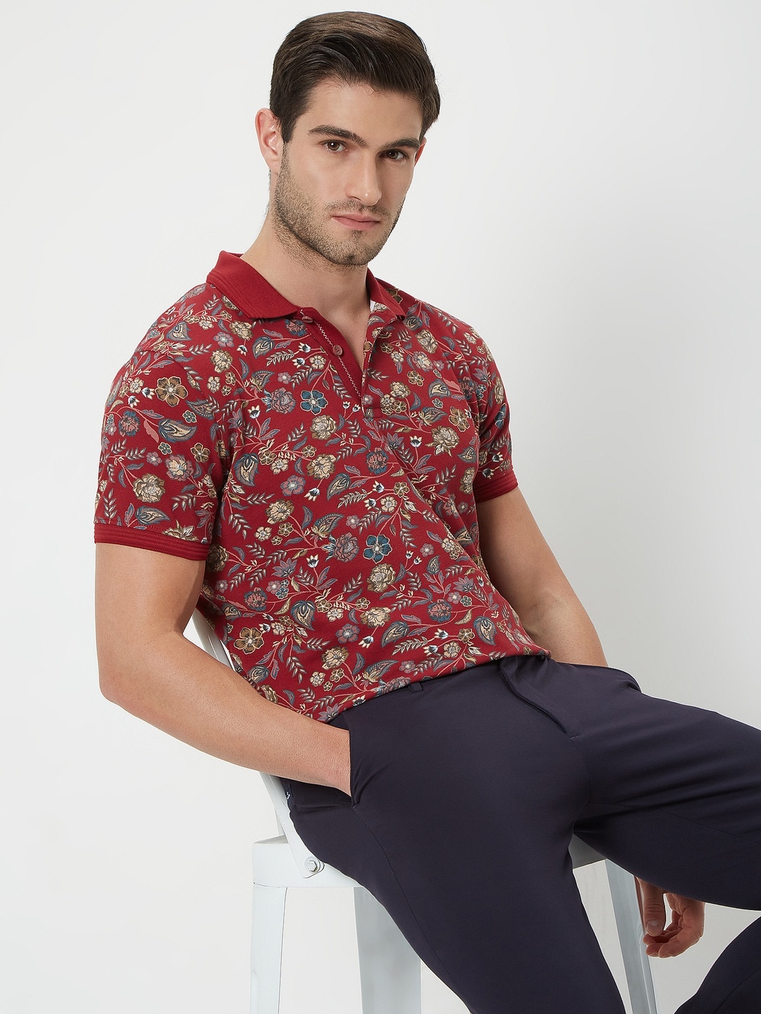 

Mufti Floral Printed Polo Collar Slim Fit Pure Cotton T-shirt, Maroon