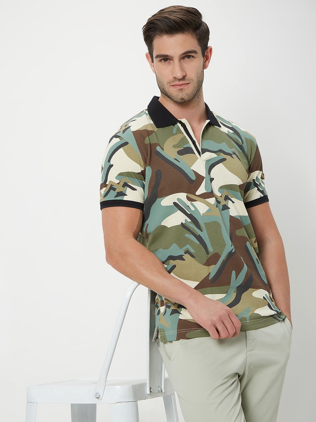 

Mufti Camouflage Printed Polo Collar Slim Fit Pure Cotton T-shirt, Olive