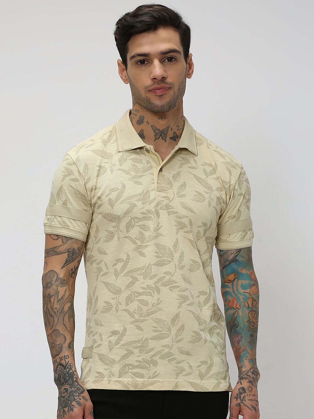 

Mufti Men Tropical Printed Polo Collar Slim Fit Pure Cotton T-shirt, Beige