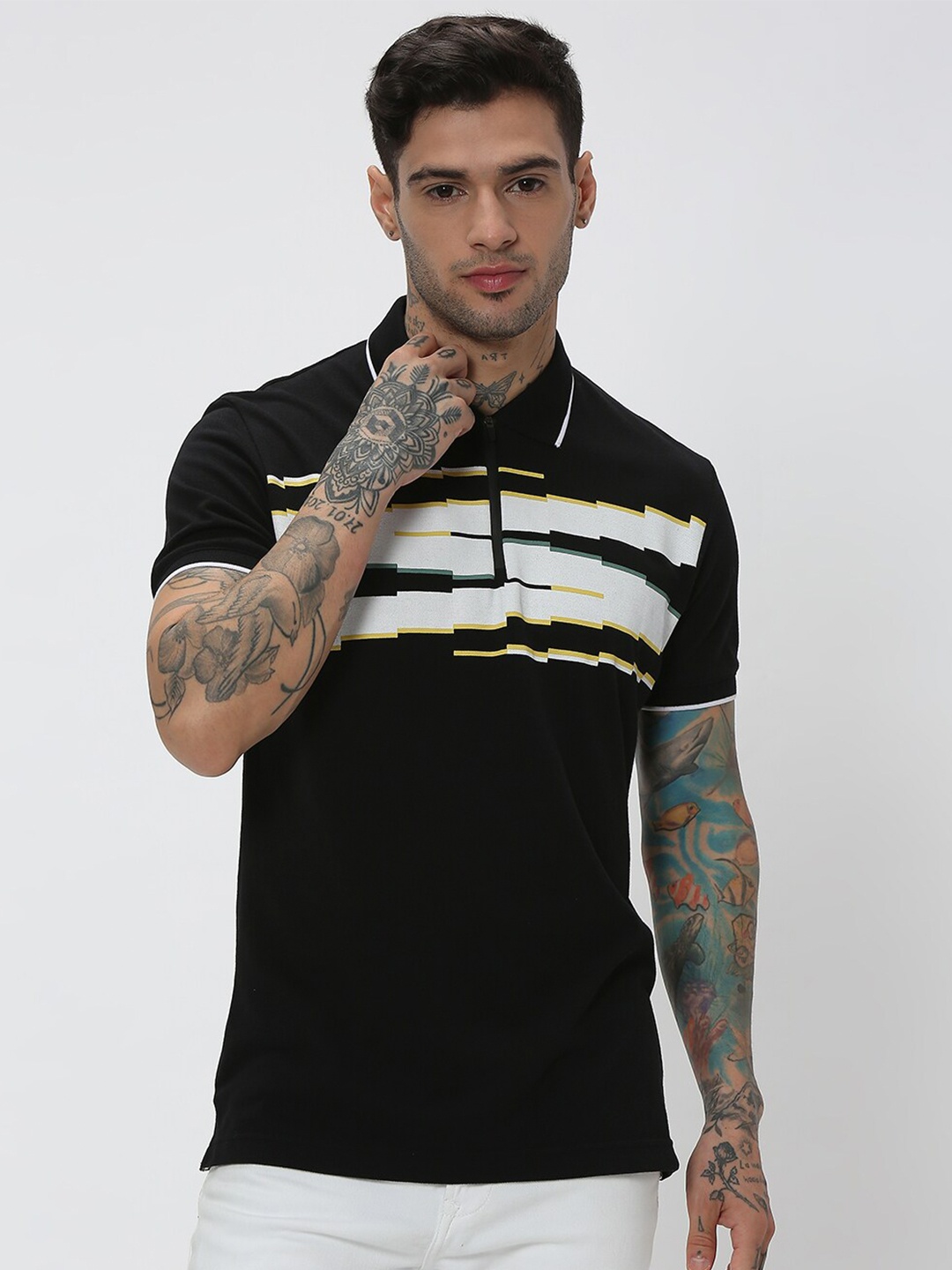 

Mufti Men Striped Polo Collar Slim Fit Pure Cotton T-shirt, Black