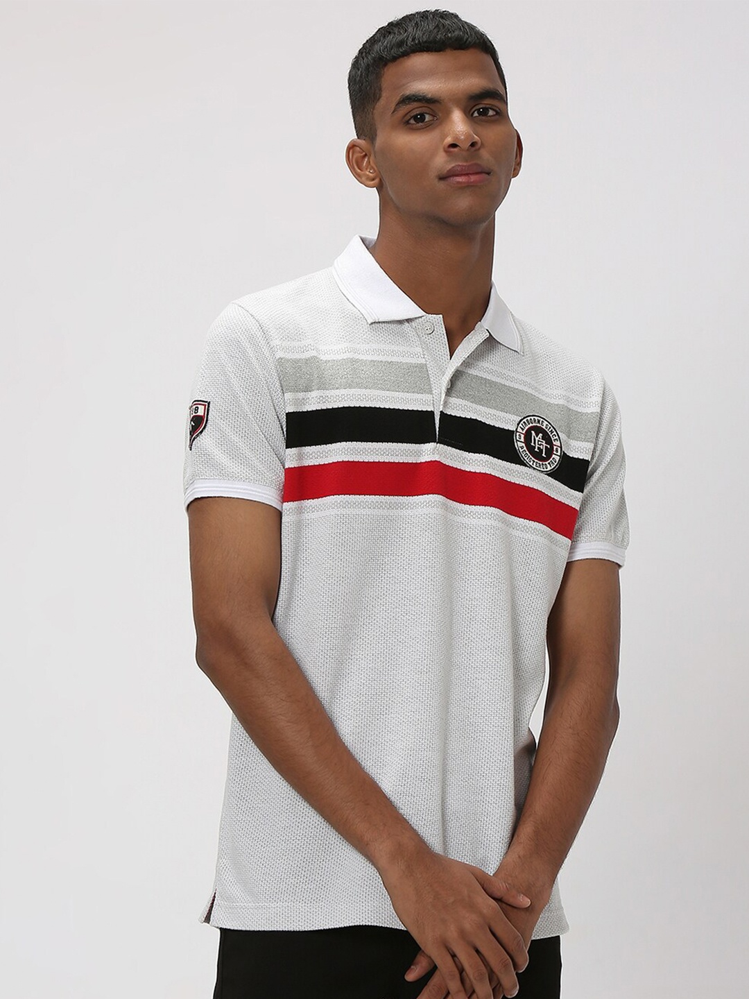 

Mufti Striped Polo Collar Regular Fit T-shirt, Grey