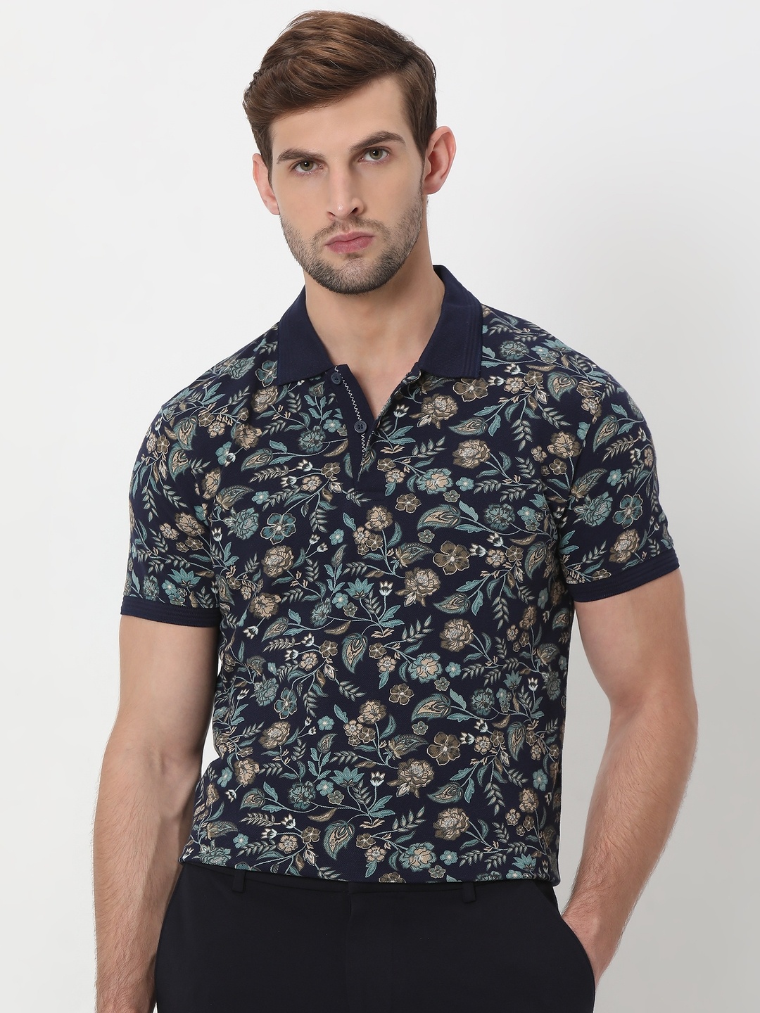 

Mufti Pique Floral Printed Polo Collar Pure Cotton T-shirt, Navy blue