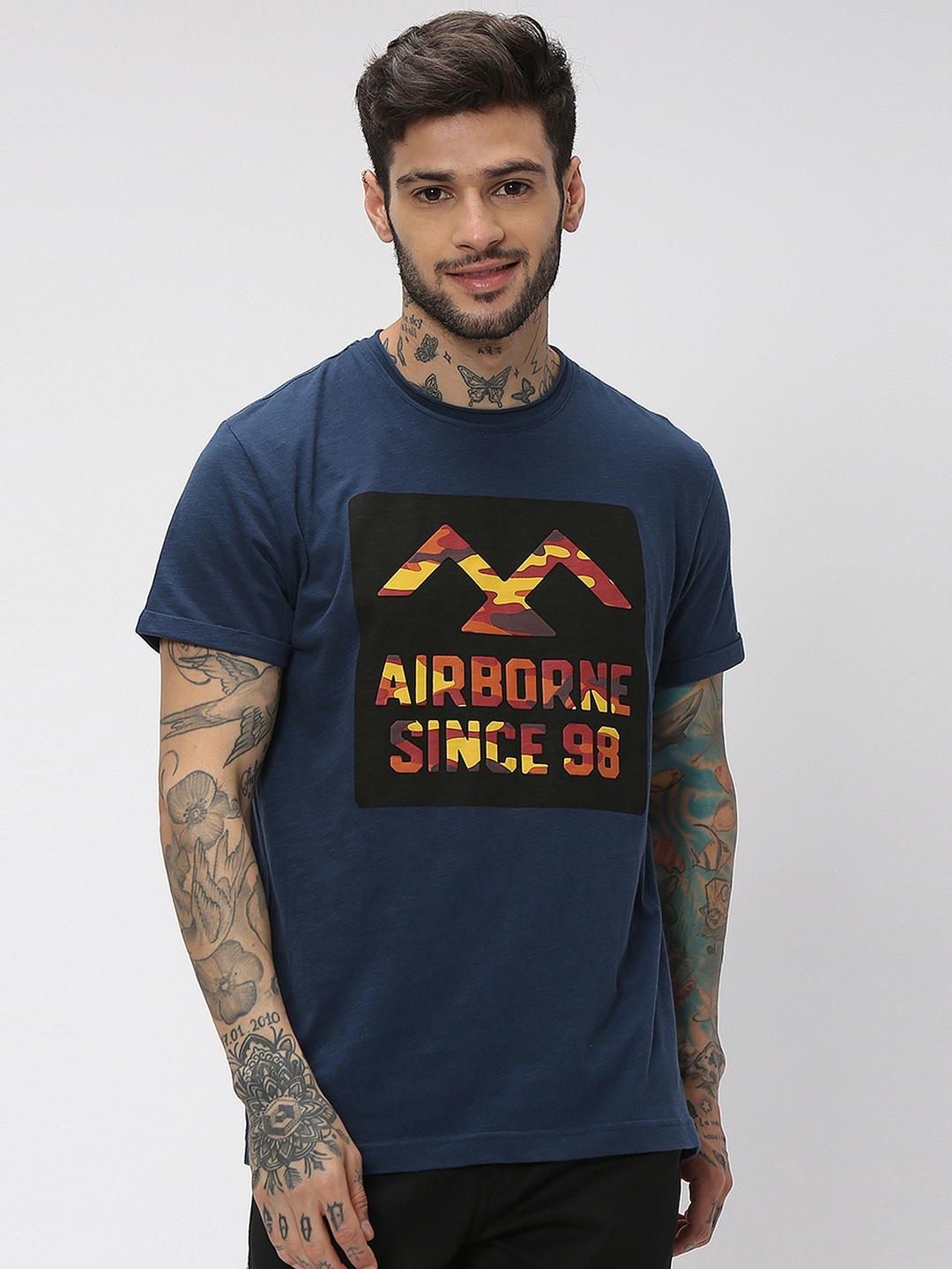 

Mufti Typography Printed Pure Cotton Slim Fit T-shirt, Navy blue