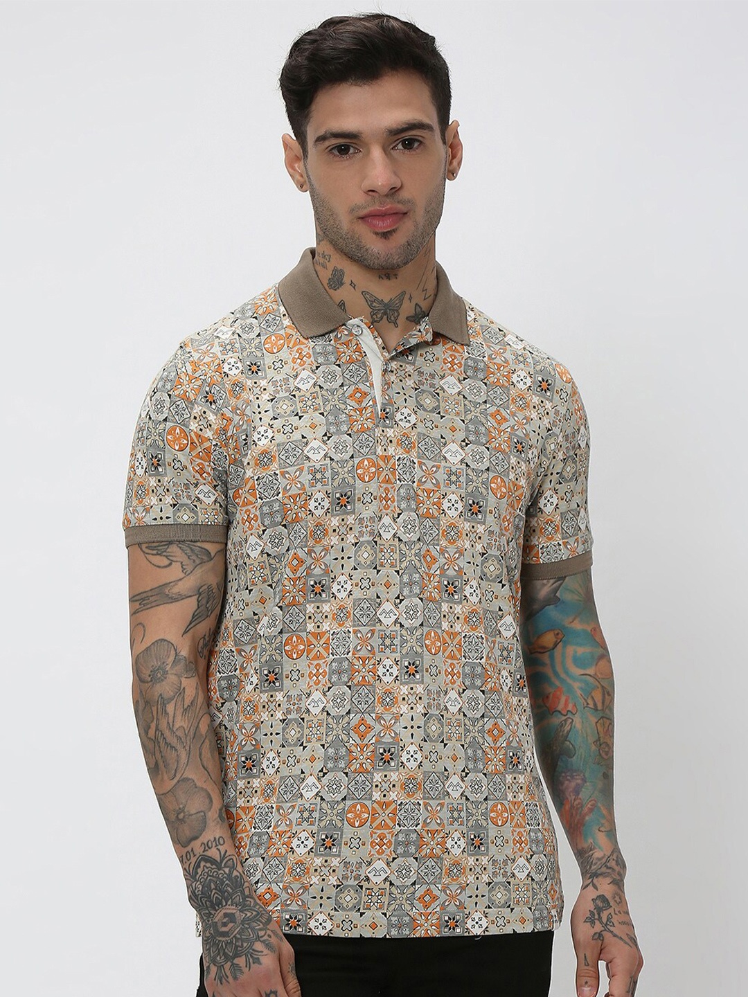 

Mufti Conversational Printed Polo Collar Slim Fit Pure Cotton T-shirt, Beige
