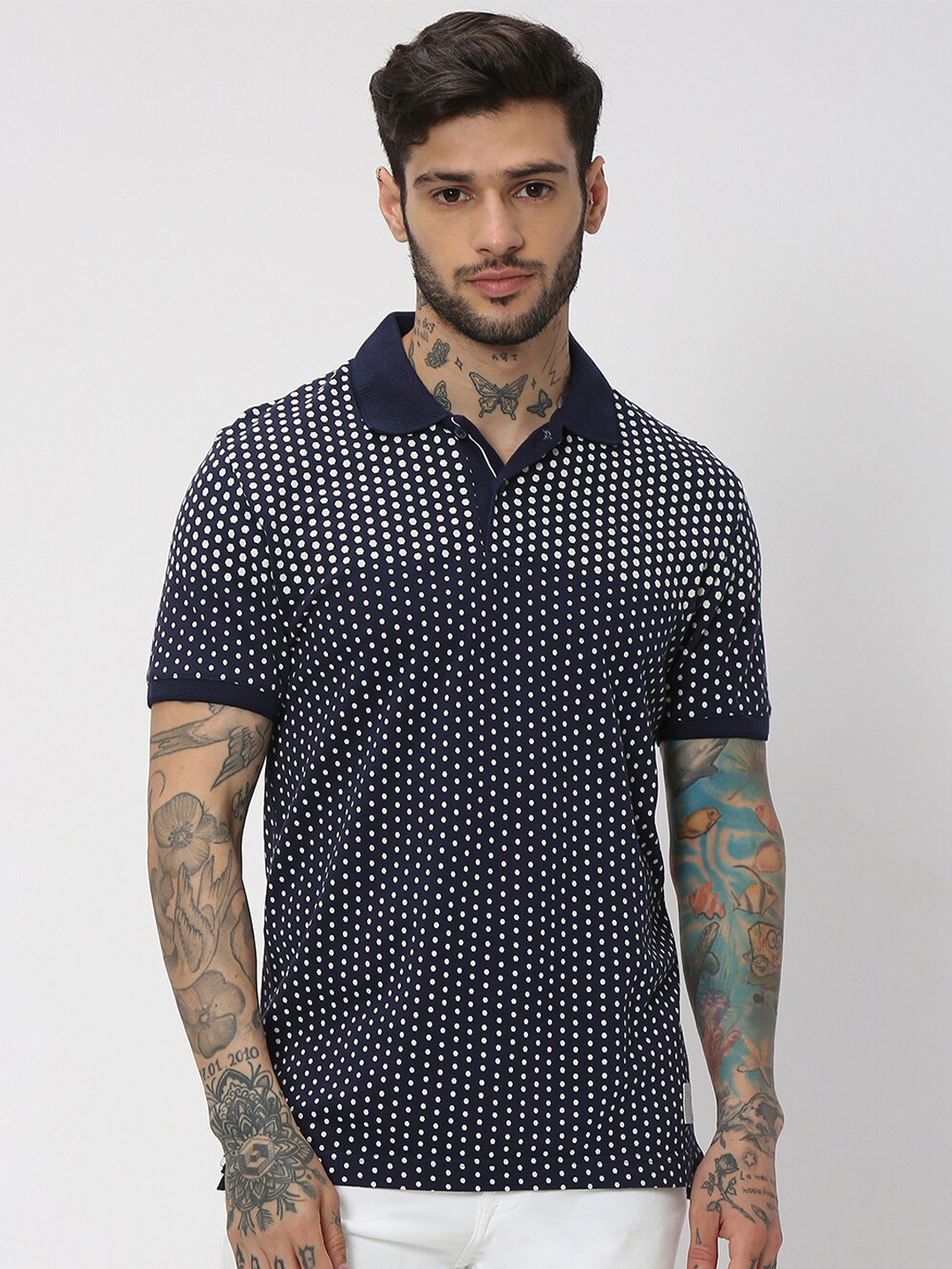 

Mufti Geometric Printed Polo Collar Slim Fit Pure Cotton T-shirt, Navy blue