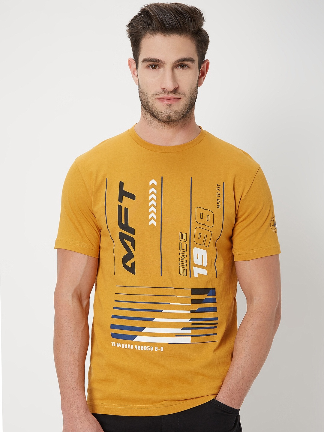 

Mufti Typography Printed Slim Fit Pure Cotton T-shirt, Mustard