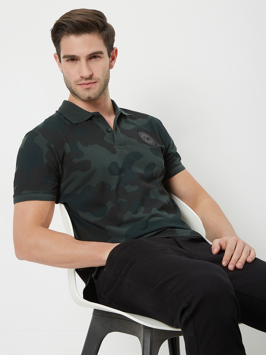 

Mufti Men Camouflage Printed Polo Collar Slim Fit Pure Cotton T-shirt, Green