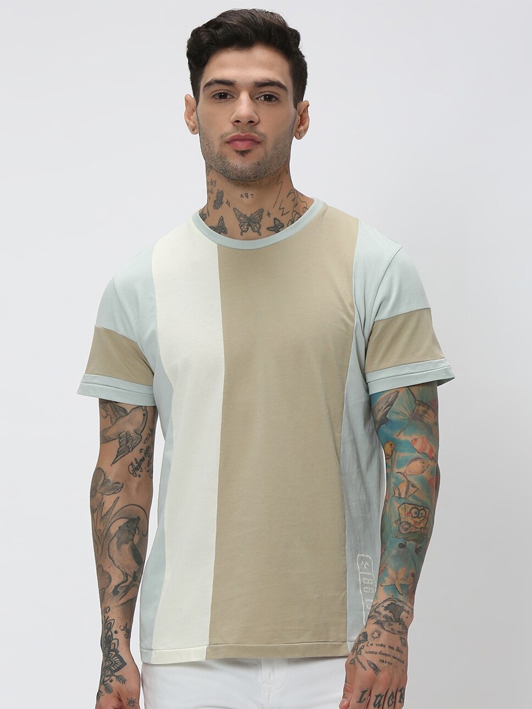 

Mufti Men Colourblocked Slim Fit Pure Cotton T-shirt, Beige
