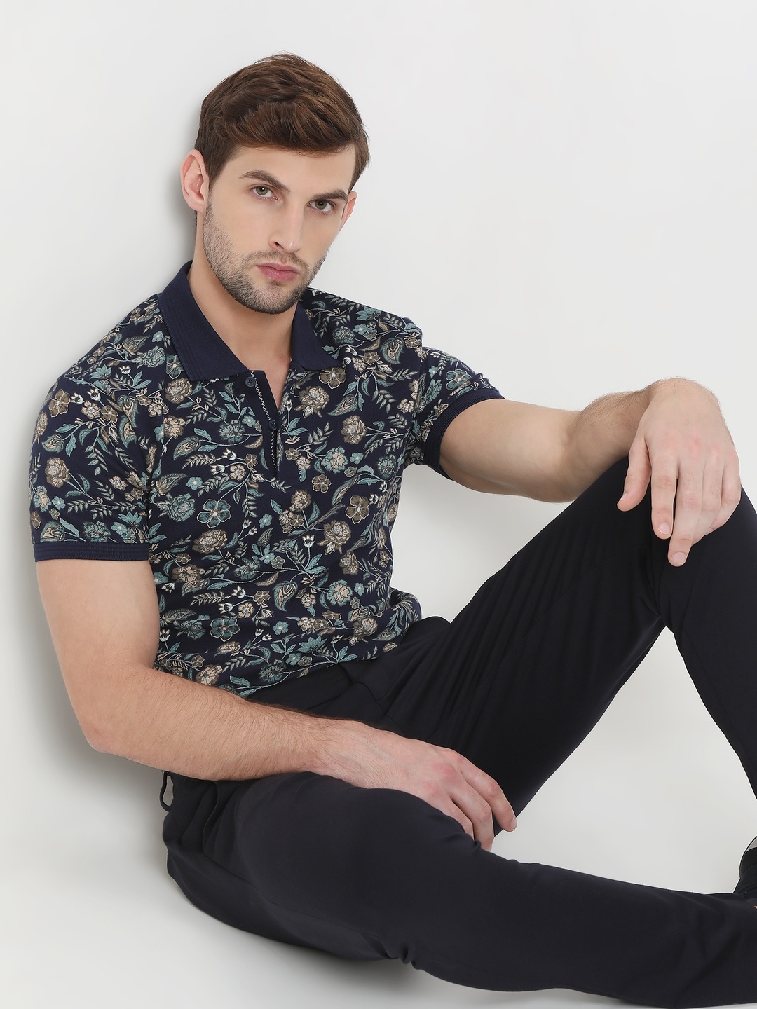 

Mufti Men Floral Printed Polo Collar Slim Fit Pure Cotton T-shirt, Navy blue
