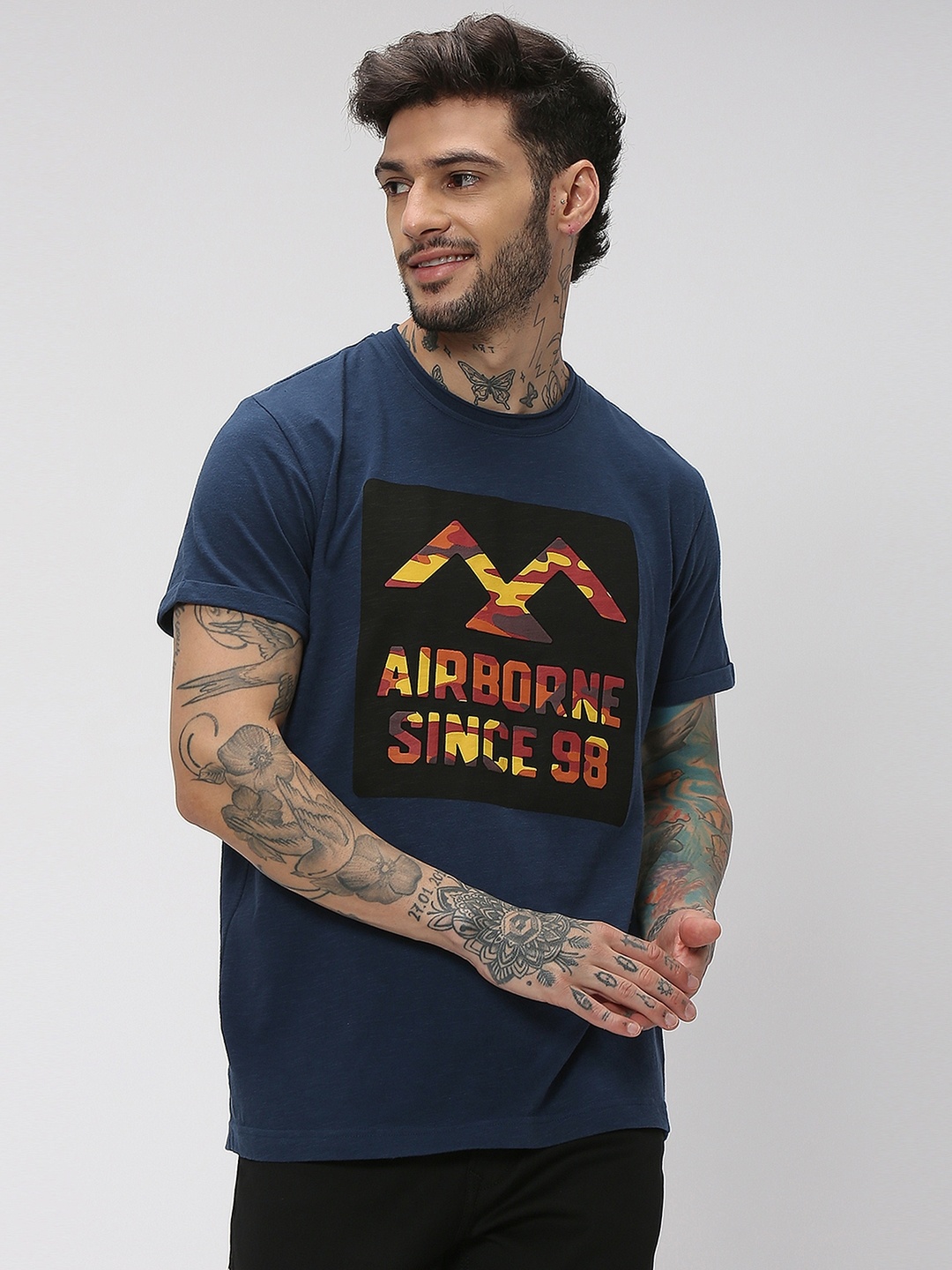 

Mufti Typography Printed Raw Edge Neck Cotton Slim Fit T-shirt, Navy blue