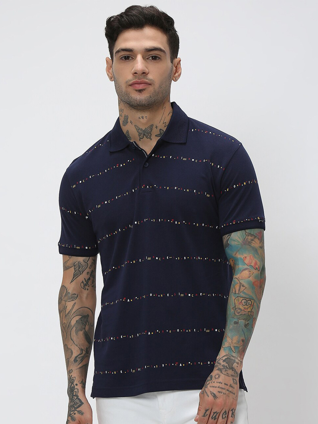 

Mufti Striped Polo Collar Cotton Slim Fit T-shirt, Navy blue