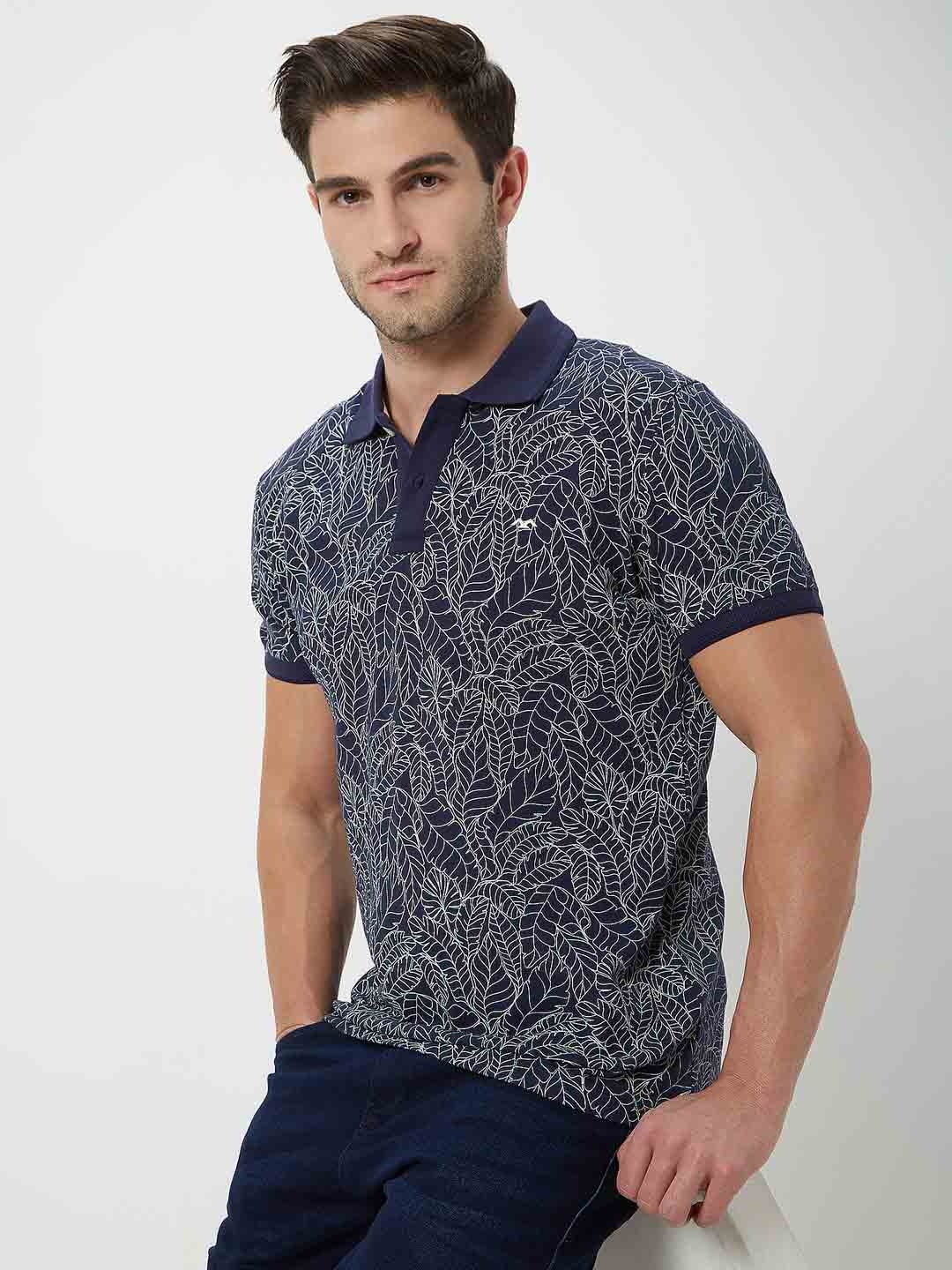 

Mufti Floral Printed Polo Collar Cotton Slim Fit T-shirt, Navy blue