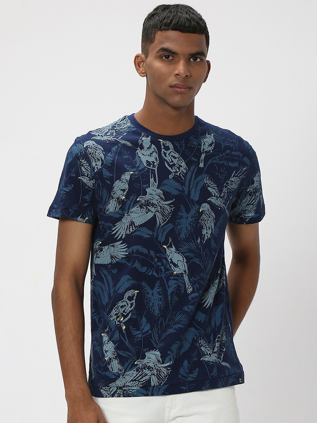 

Mufti Tropical Printed Slim Fit Pure Cotton T-shirt, Navy blue