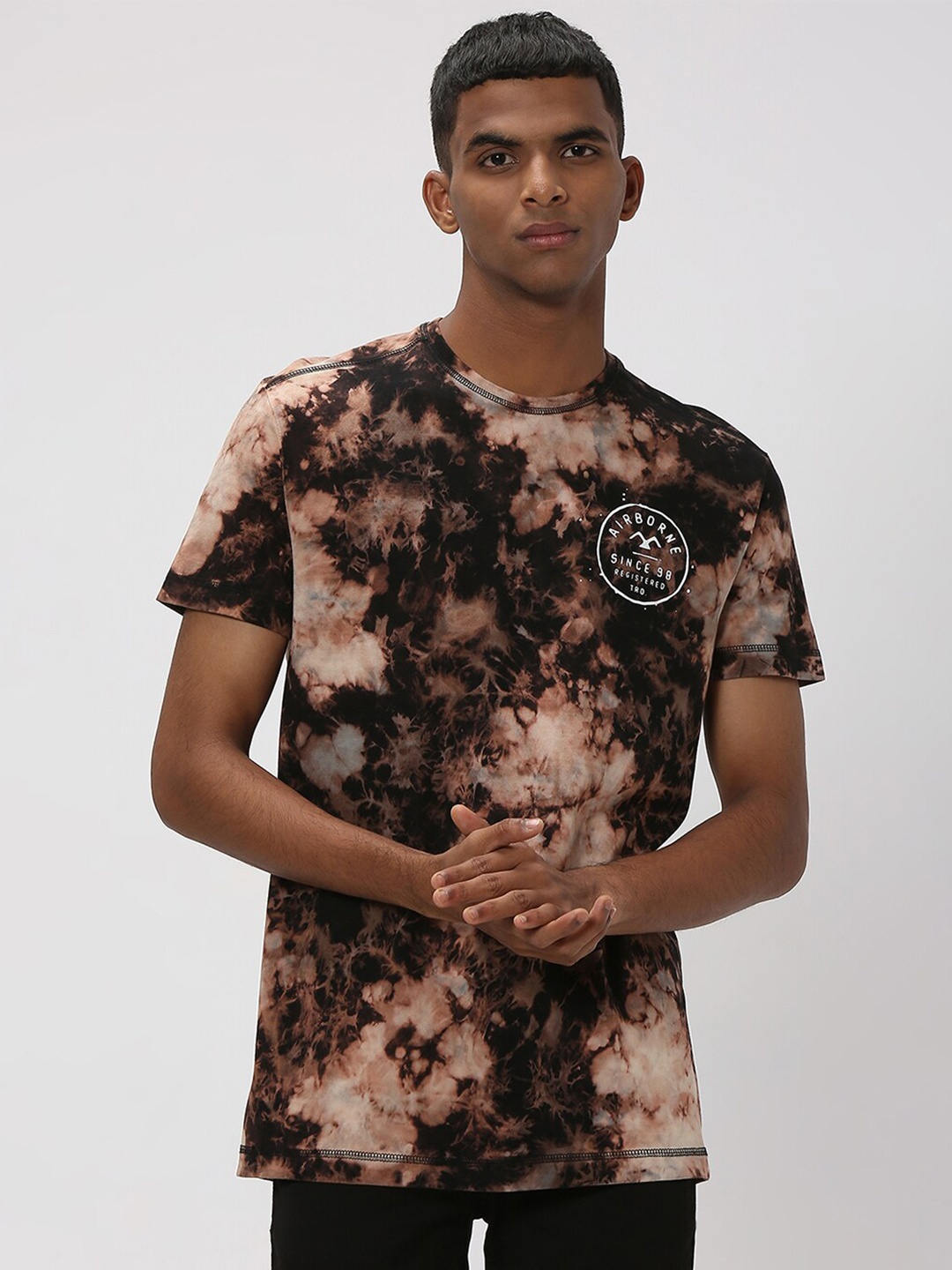 

Mufti Tie & Dye With Airborne Print Detail Round Neck Pure Cotton T-shirt, Black