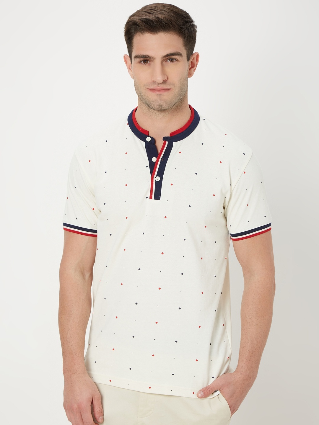 

Mufti Geometric Printed Mandarin Collar Slim Fit Pure Cotton T-shirt, White