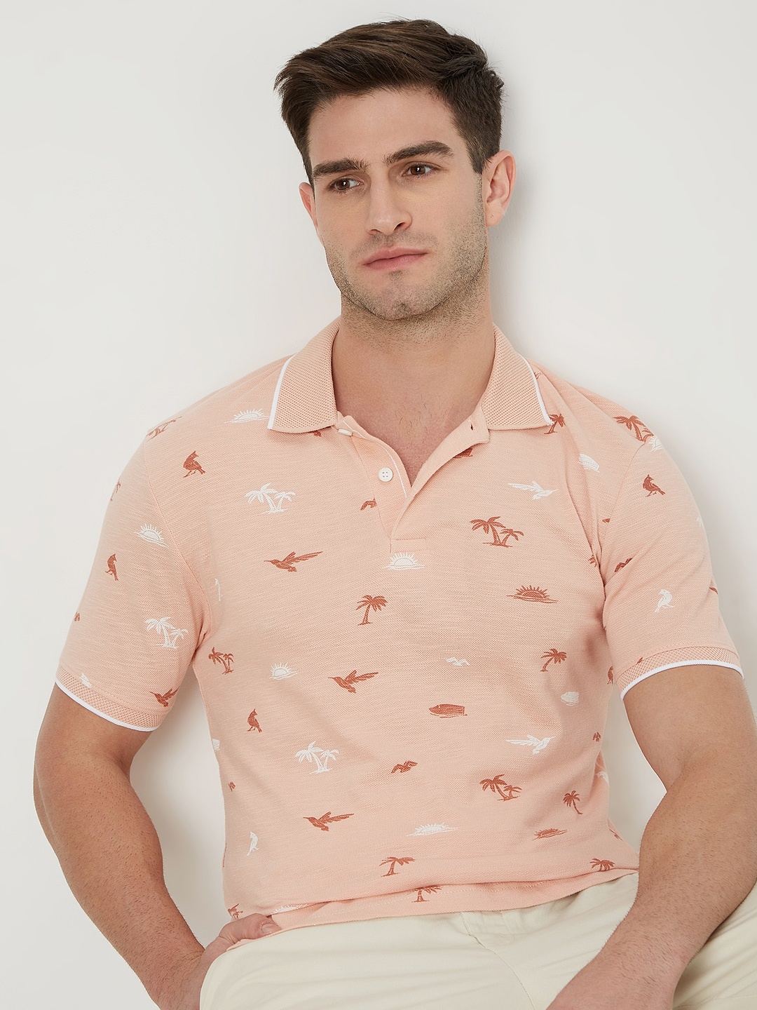 

Mufti Conversational Printed Polo Collar Slim Fit Pure Cotton T-shirt, Peach