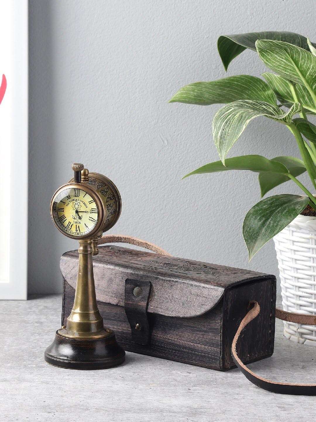 

EXIM DECOR Antique Brass Telegraph With Table Clock Showpiece, Rust