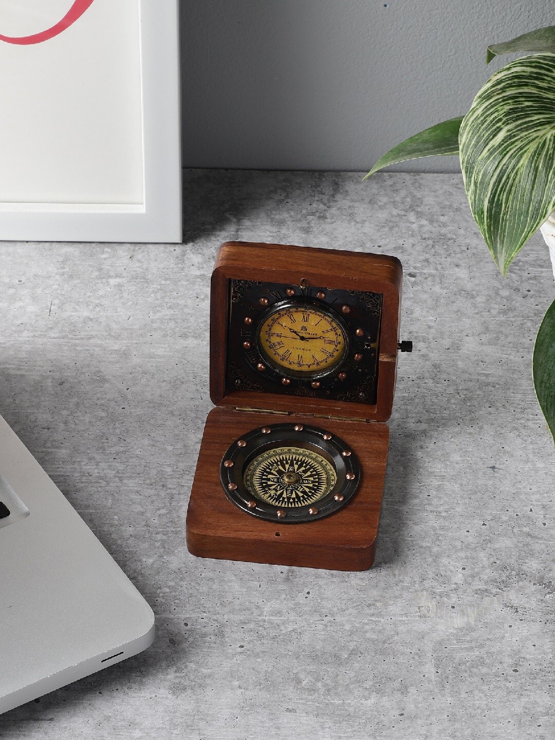 

EXIM DECOR Brown Wooden Box Brass Table Clock with Nautical Compass Showpieces