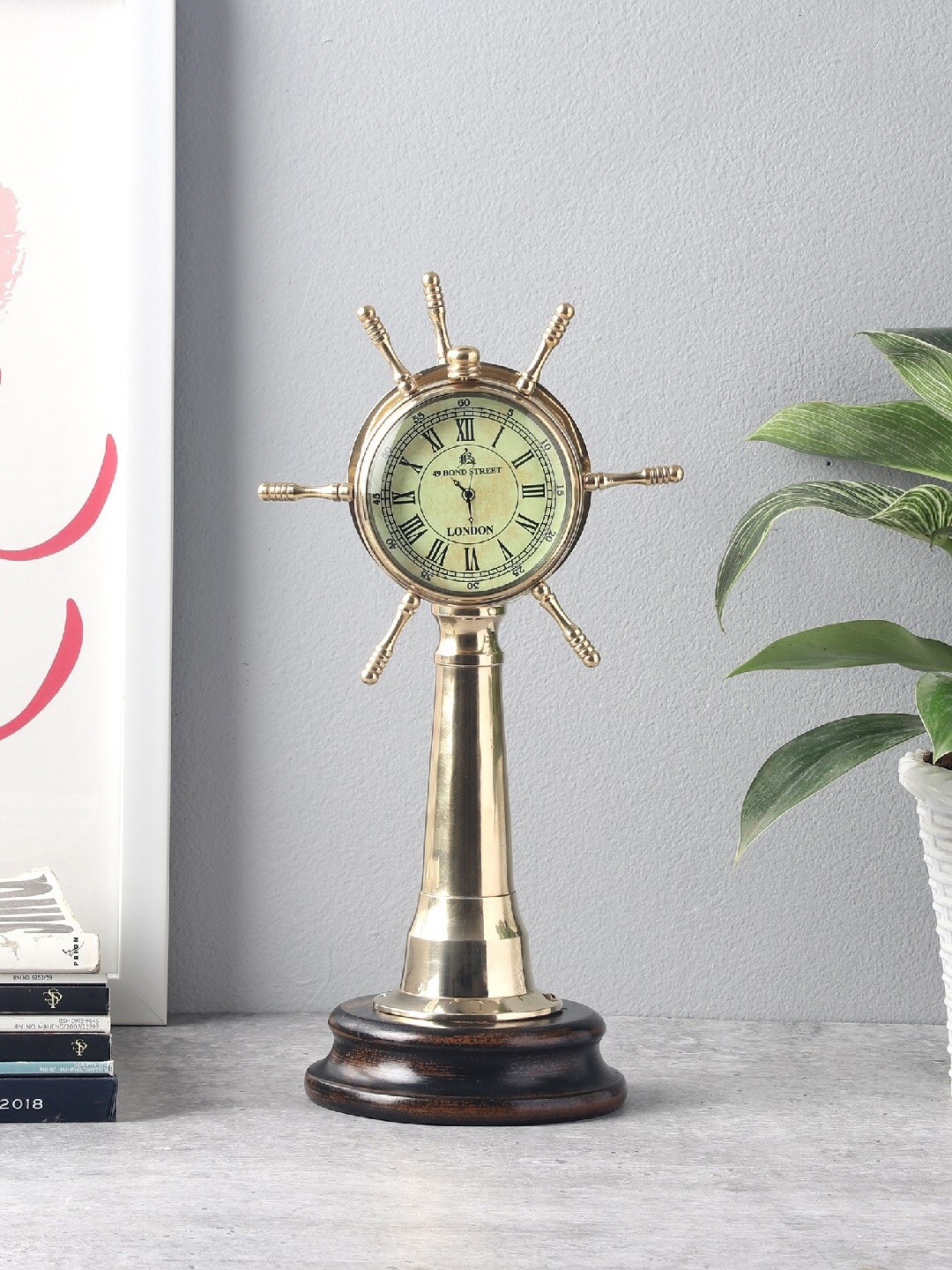 

EXIM DECOR Brass Telegraph with Shipwheel Table Clock Showpieces, Gold