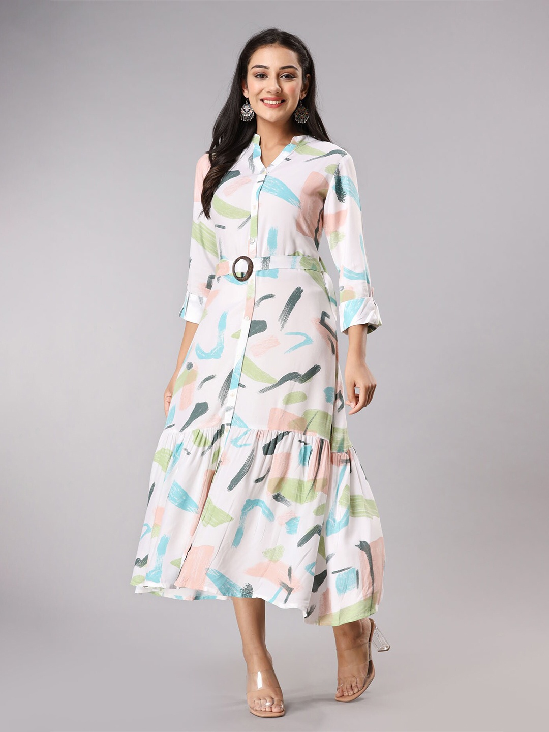 

FASHION DWAR Abstract Printed Cotton Shirt Midi Dress, White