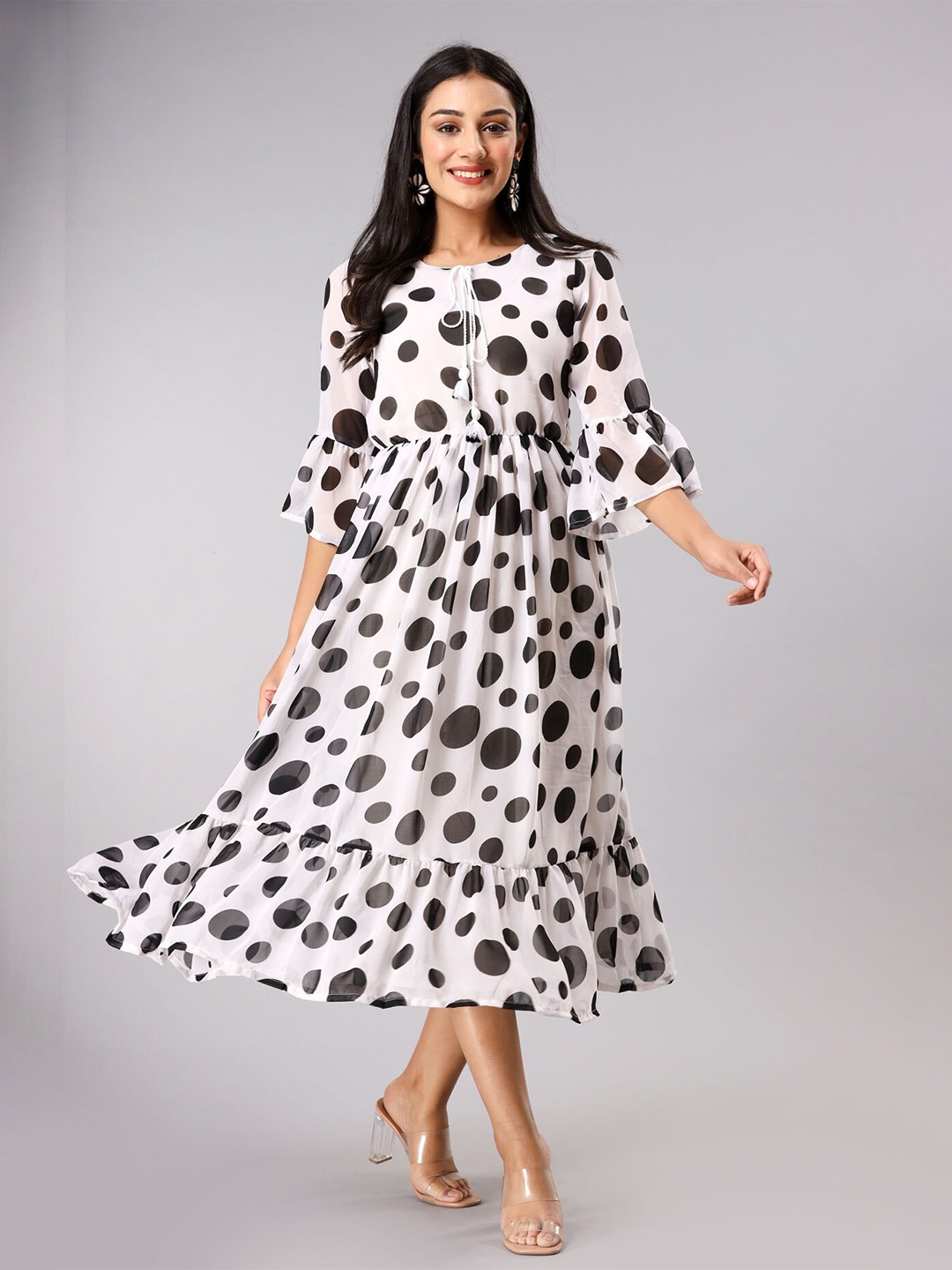 

FASHION DWAR Polka Dots Georgette Empire Midi Dress, White