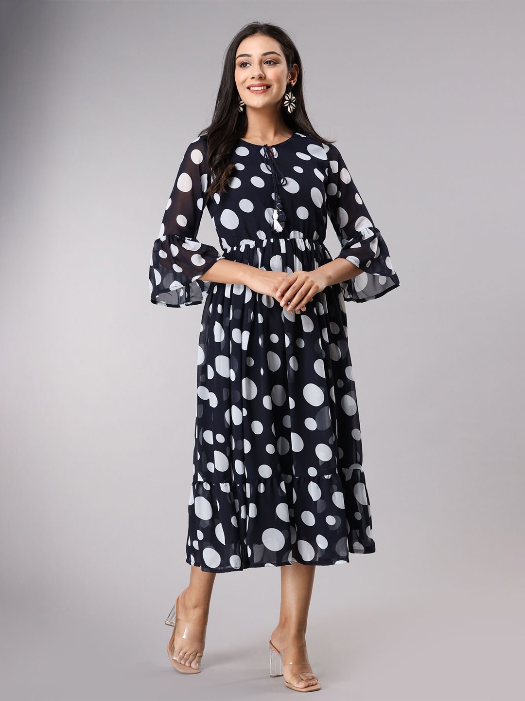 

FASHION DWAR Printed Tie Up Neck A-Line Midi Dress, Navy blue
