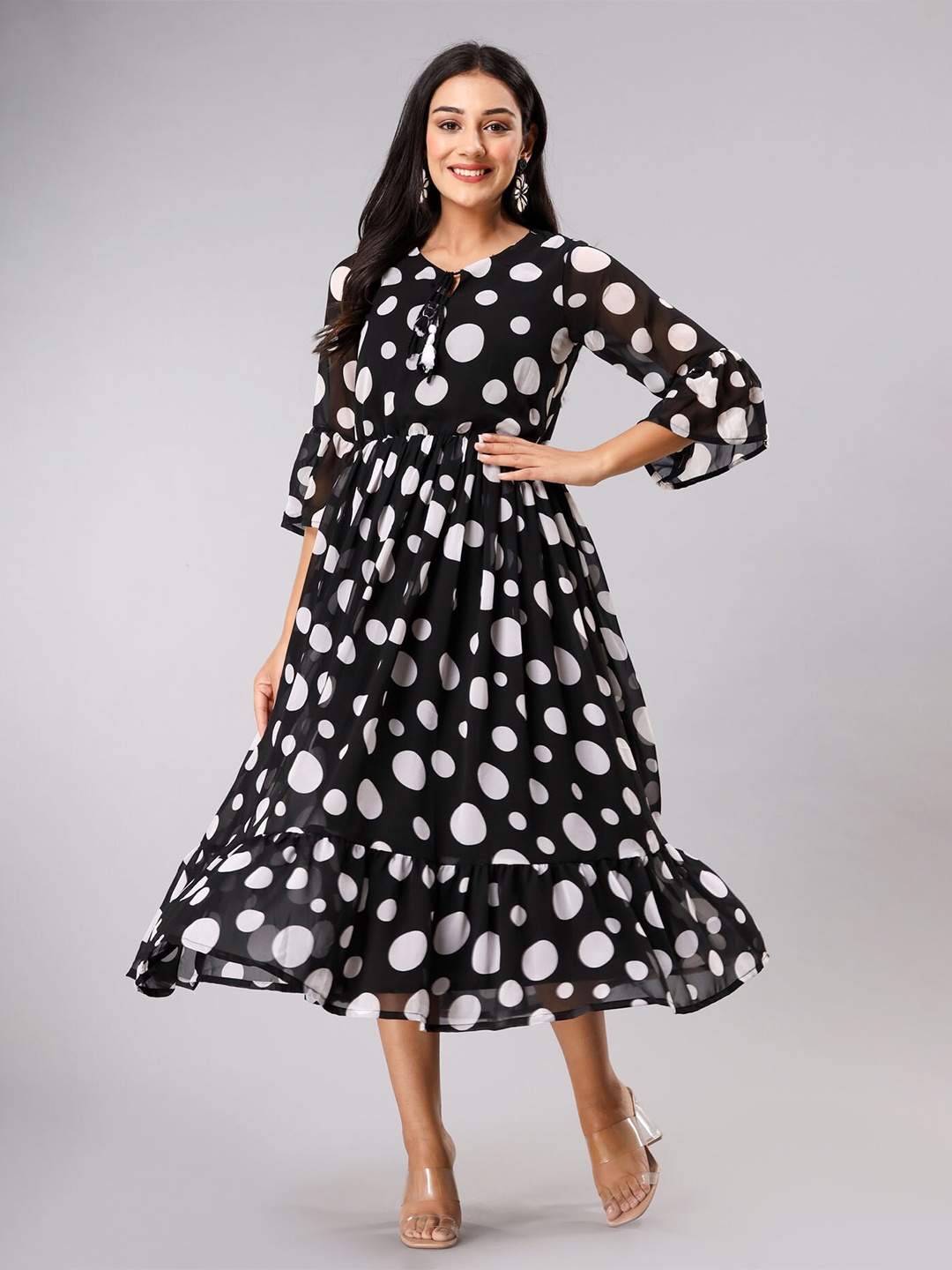 

FASHION DWAR Polka Dots Tie-up Neck Bell Sleeves Georgette Midi Dress, Black