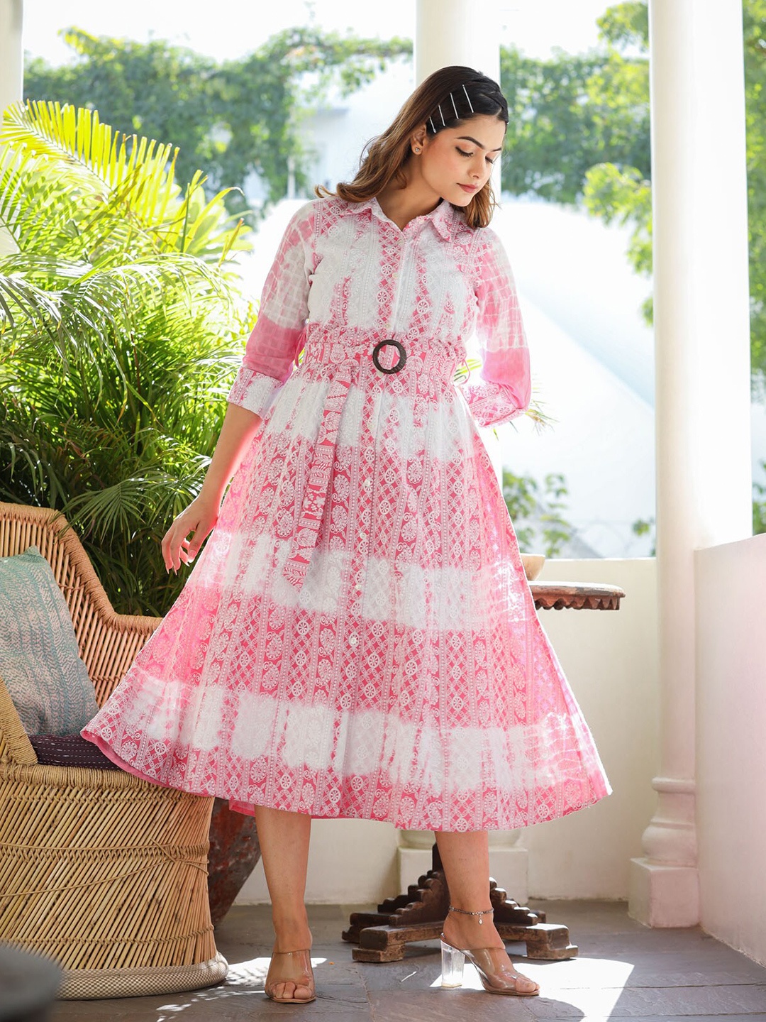 

FASHION DWAR Ethnic Motif Embroidered Shirt Collar Pure Cotton A-line Midi Dress, Pink