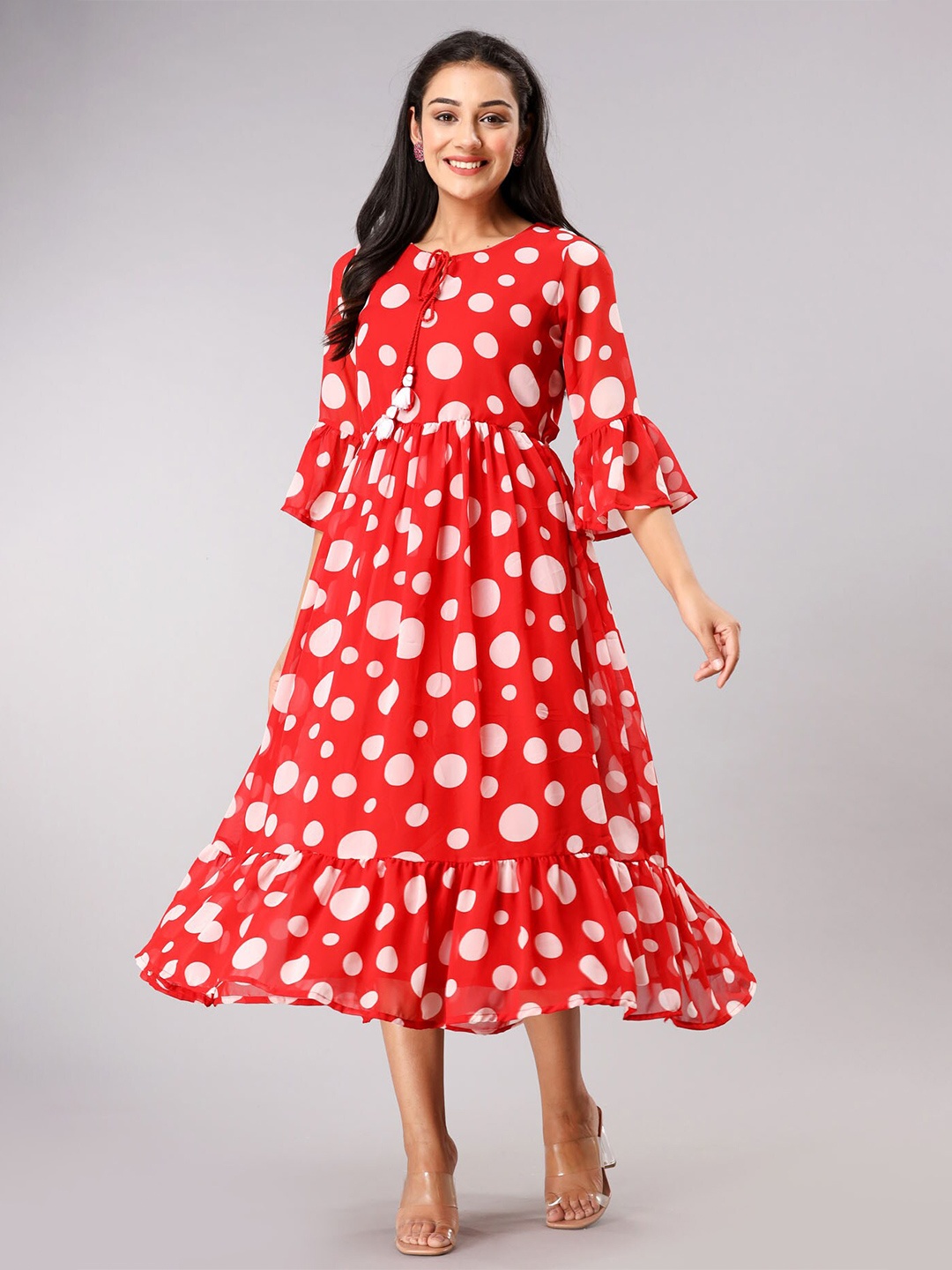 

FASHION DWAR Polka Dots Printed Tie-Up Neck Georgette Midi Dress, Red