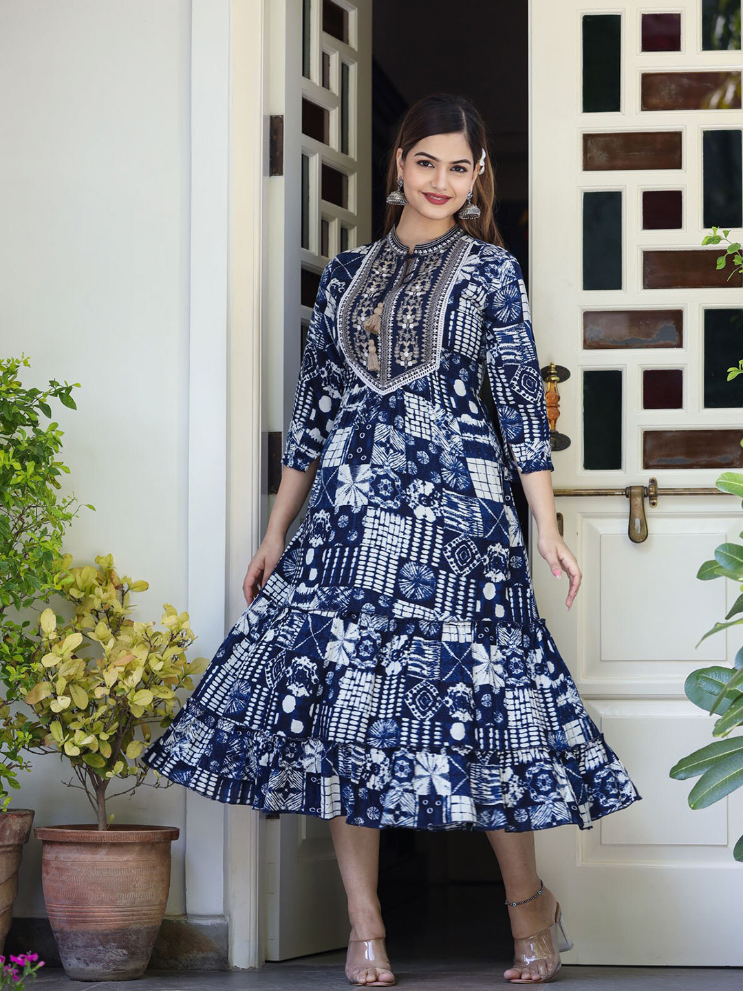 

FASHION DWAR Dyed Embroidered A-Line Pure Cotton Midi Dress, Blue