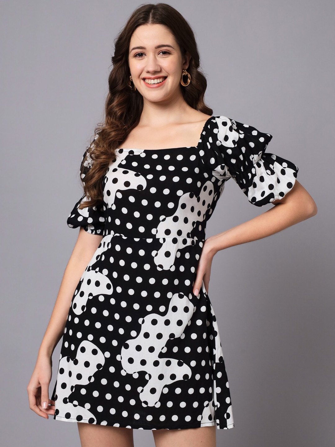 

The Dry State Square Neck Polka Dot Printed A-Line Mini Dress, Black