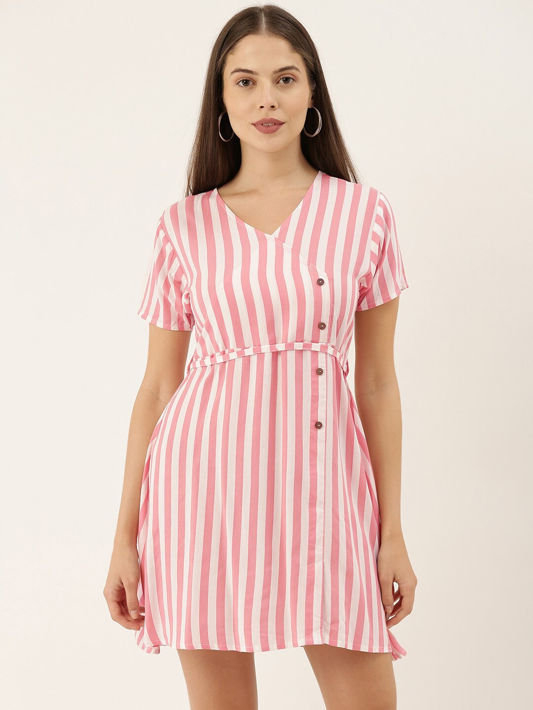 

The Dry State V-Neck Striped A-Line Dress With Belt, White