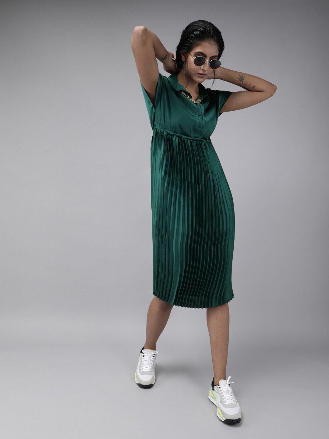 

The Dry State Shirt Collar Accordion Pleats Fit and Flare Satin Dress, Blue