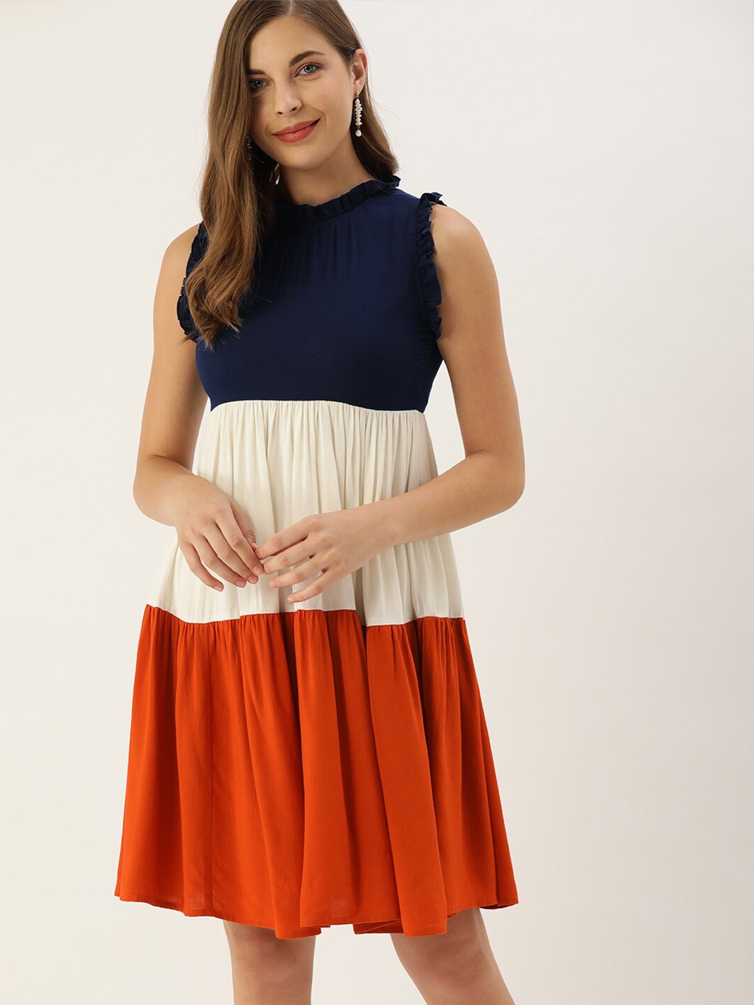 

The Dry State Round Neck Colourblocked Tiered Fit & Flare dress, Navy blue