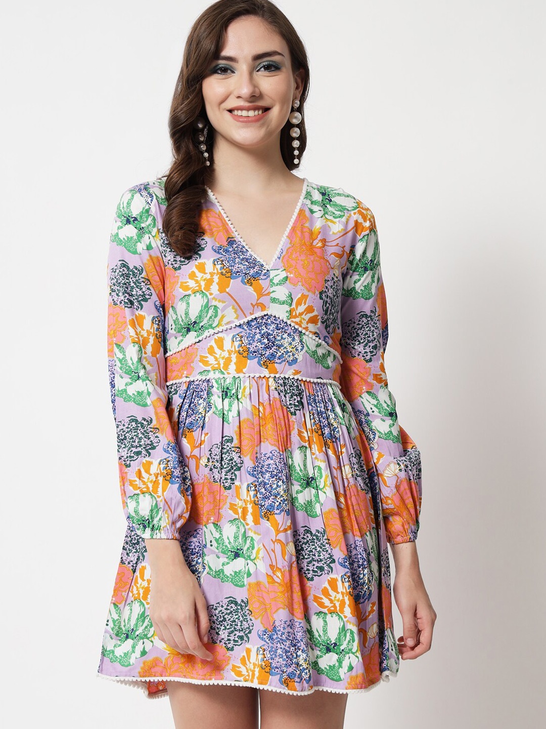 

The Dry State Floral Printed V-Neck Puff Sleeves Dress, Purple