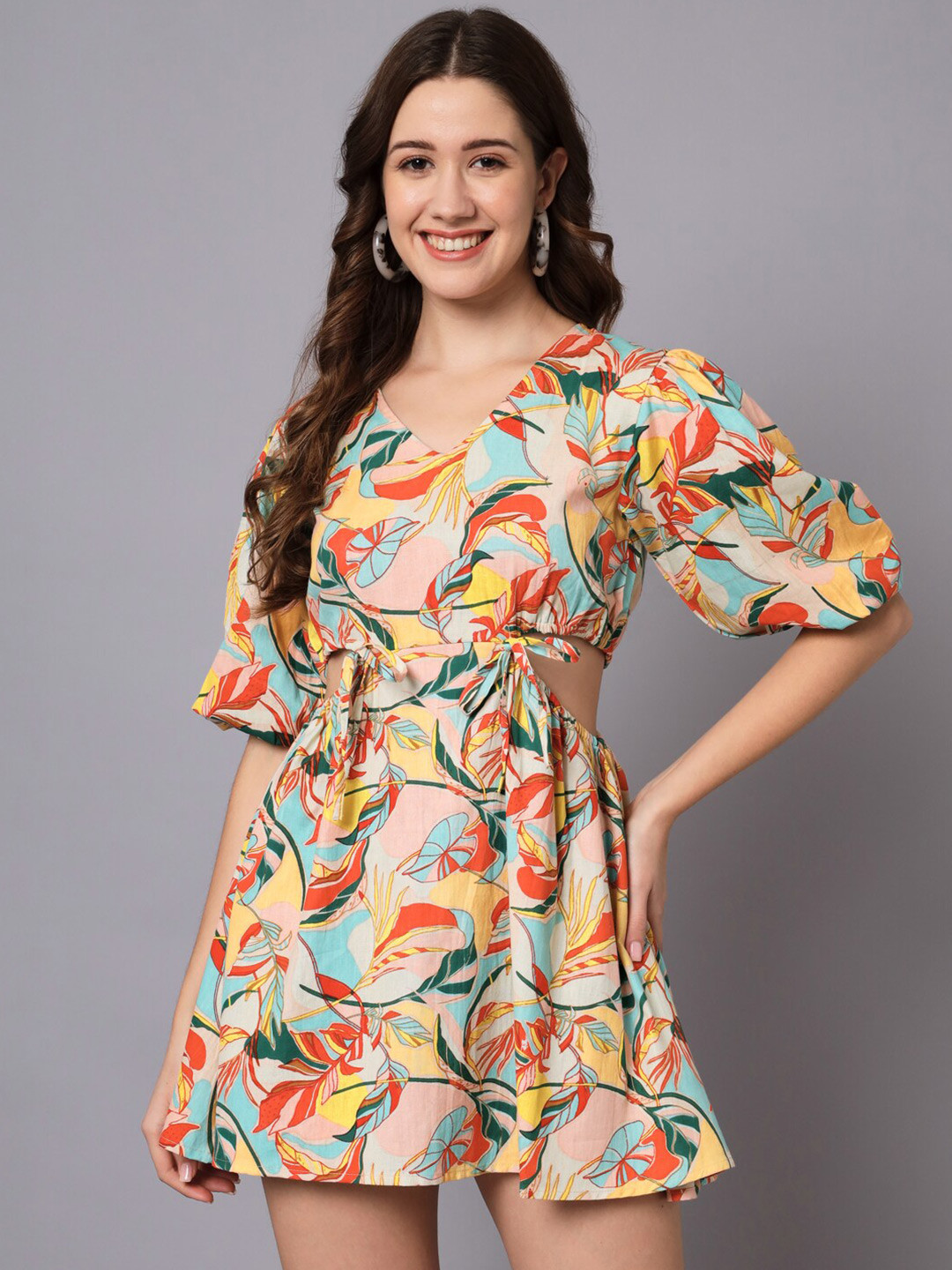 

The Dry State Tropical Printed Cut-Outs Cotton Mini A-Line Dress, Peach