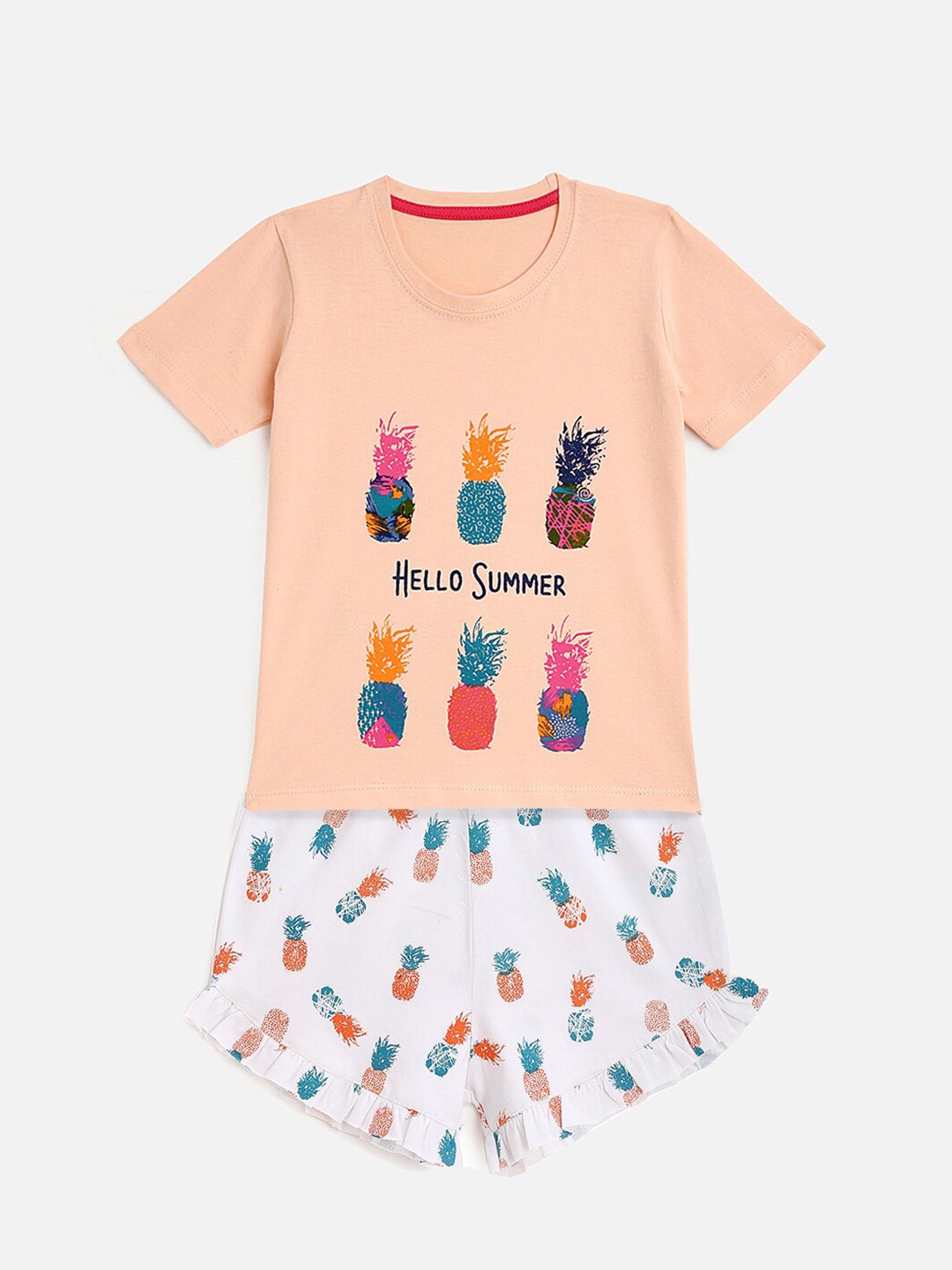 

HERE&NOW Girls Pineapple Printed Round Neck T-shirt with Shorts, Peach