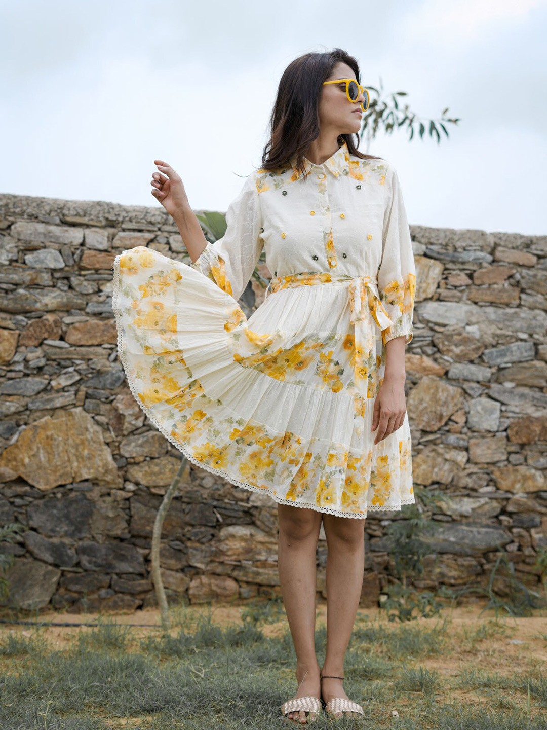 

FASHION DWAR Yellow Floral A-Line Dress
