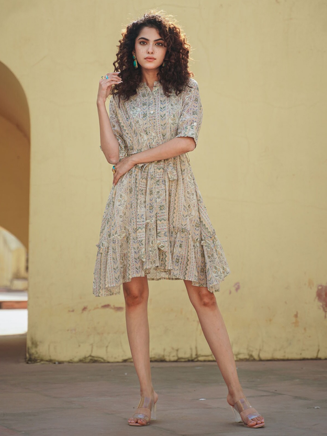 

FASHION DWAR Floral Printed Georgette A-Line Dress, Beige
