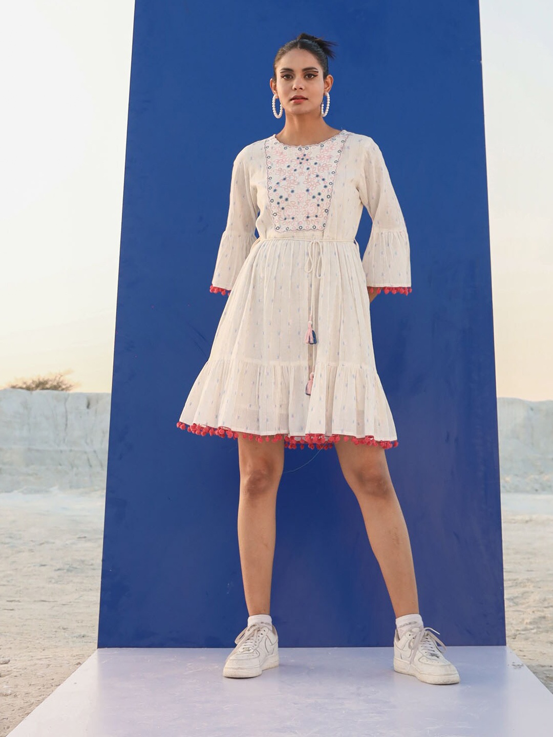 

FASHION DWAR Embroidered A-line Cotton Dress, Off white