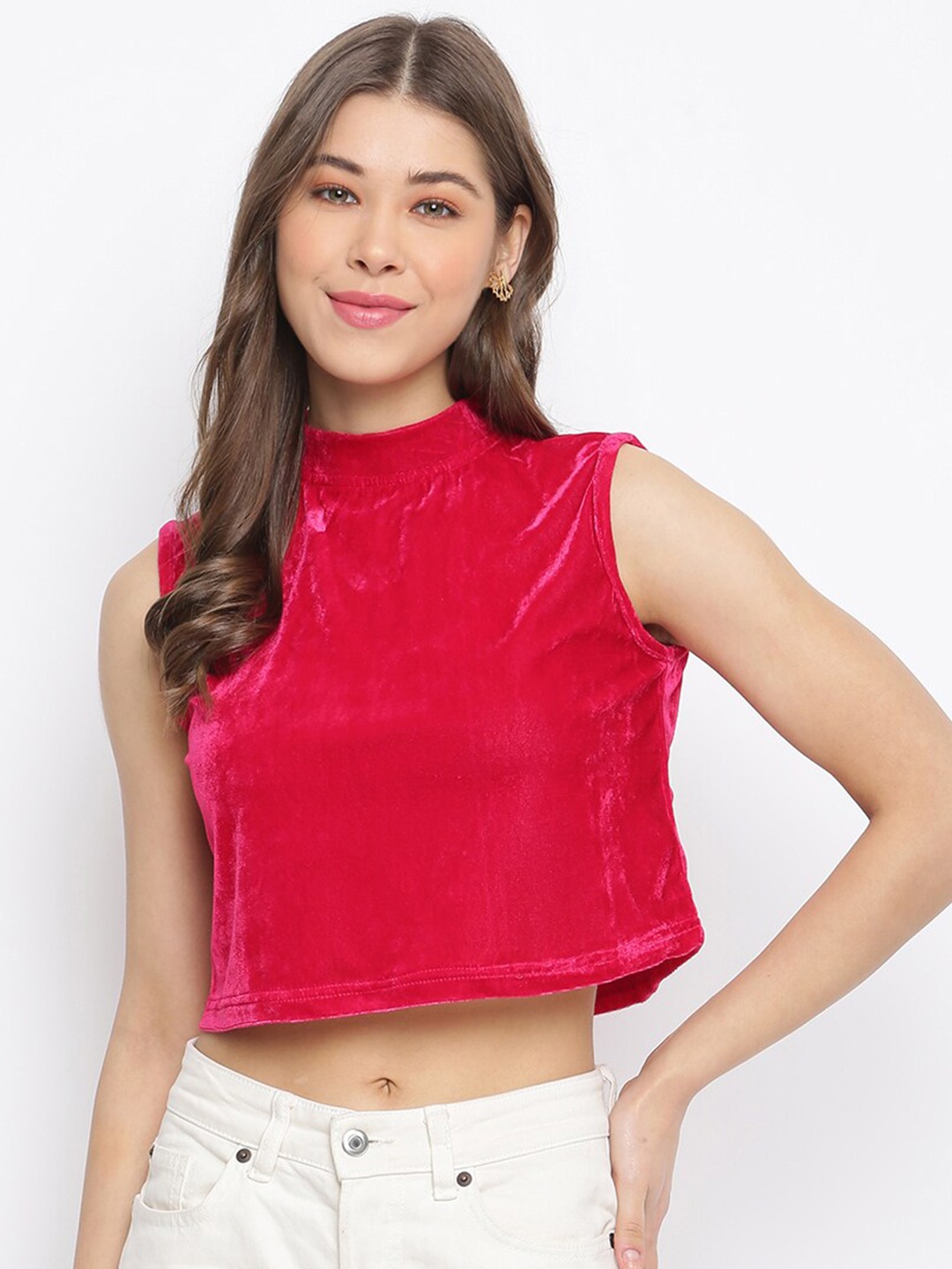 

Mayra High Neck Sleeveless Velvet Crop Top, Red