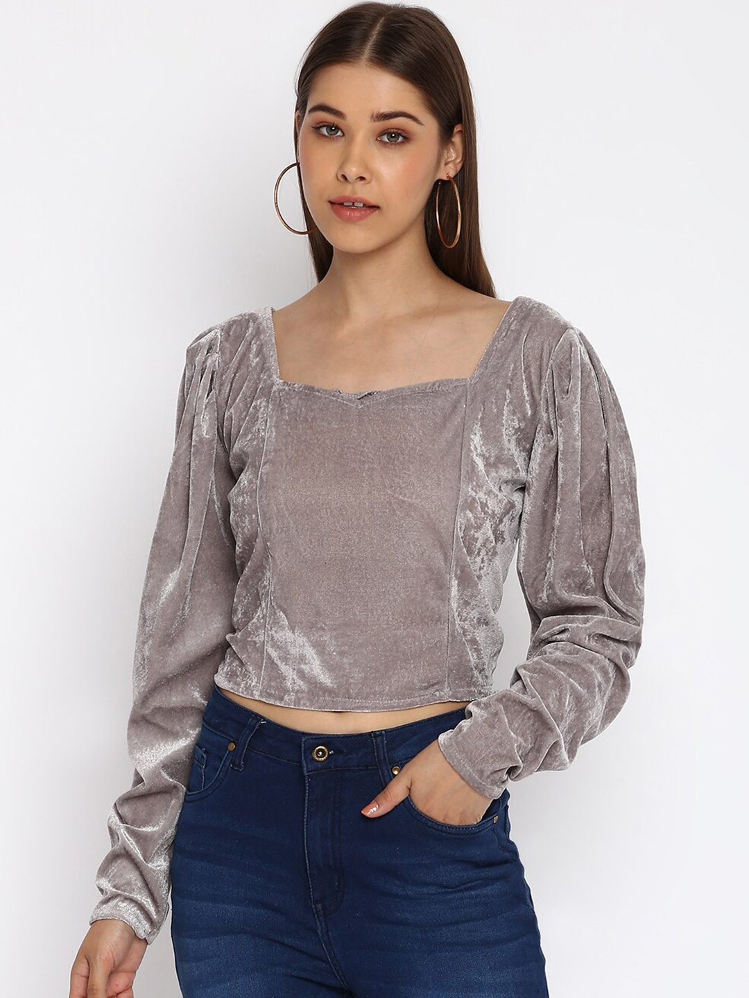 

Mayra Square Neck Puff Sleeves Velvet Crop Top, Grey