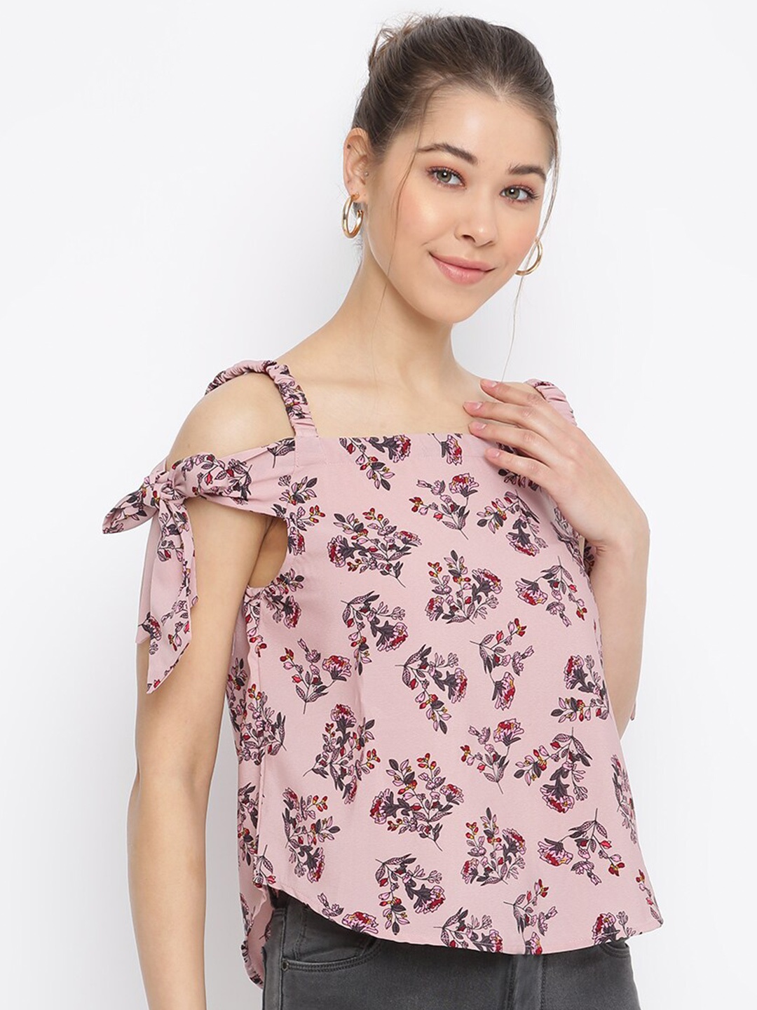 

Mayra Floral Print Off-Shoulder Crepe Bardot Top, Pink