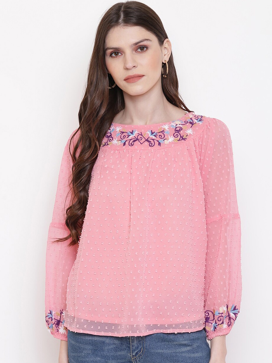 

Mayra Puff Sleeves Embroidered Detail Top, Pink