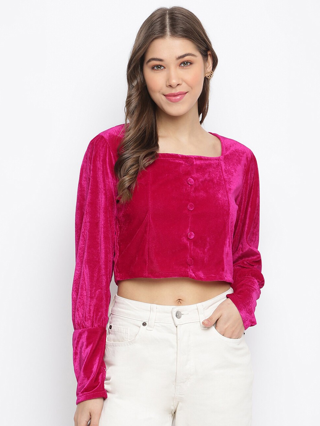 

Mayra Square Neck Cuffed Sleeves Velvet Crop Top, Fuchsia