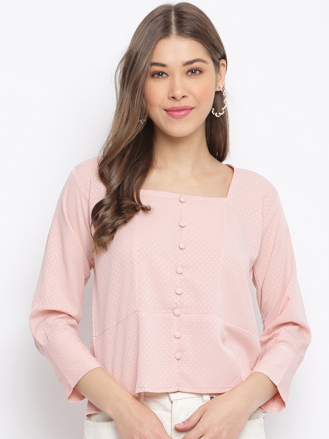 

Mayra Self Design Square Neck Crepe Top, Pink